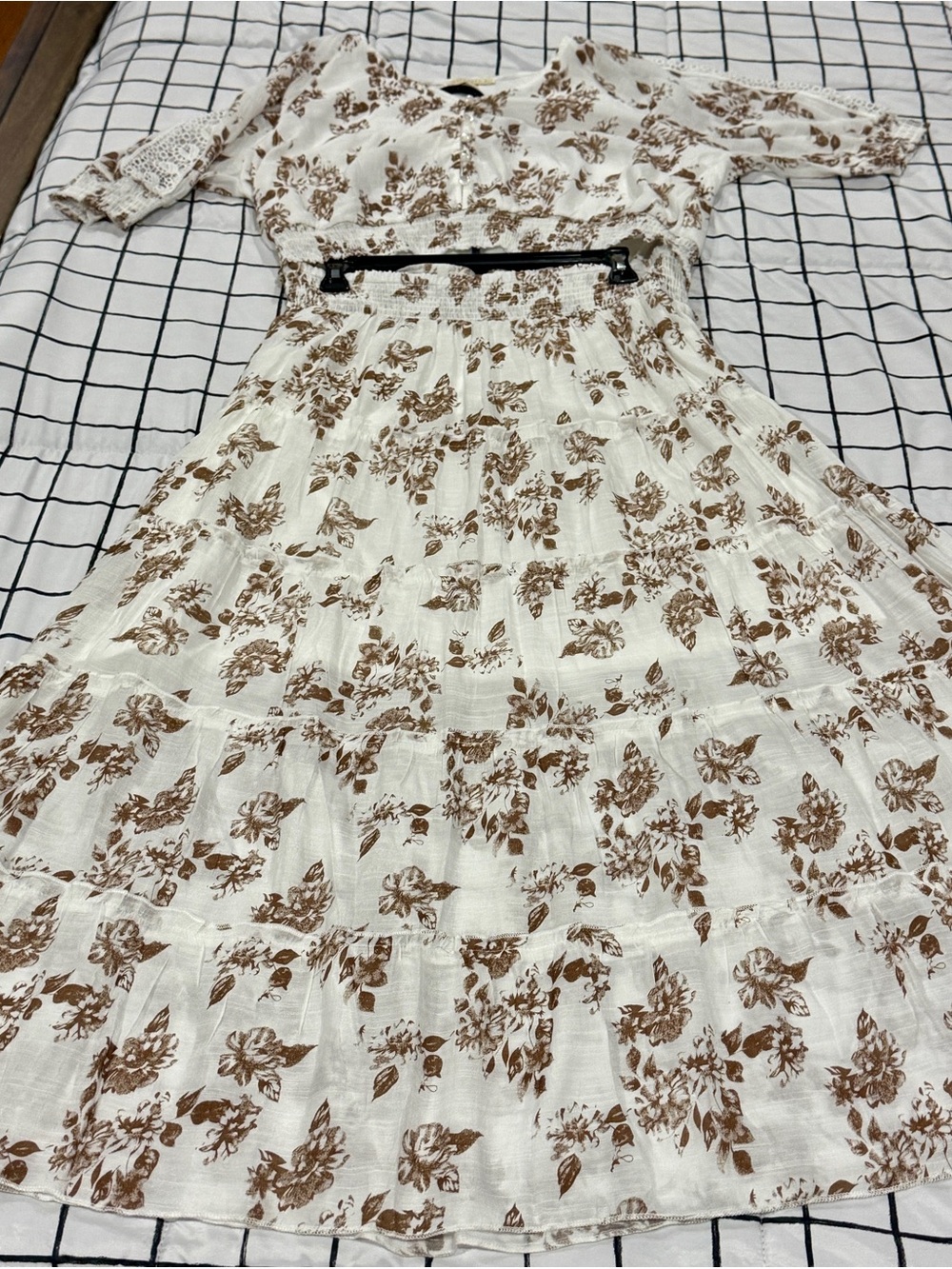White Floral Midi Dress with Brown Print